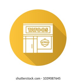 Tattoo studio facade flat design long shadow glyph icon. Tattoo parlour exterior. Vector silhouette illustration
