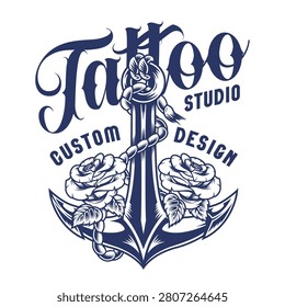 A tattoo studio features a design with an anchor and roses. The anchor is surrounded by ropes. The words tattoo and custom design appear in a bold font.