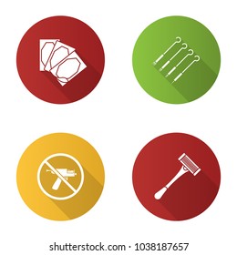 Tattoo studio flat design long shadow glyph icons set. Piercing service. Medical plaster, tattoo needles, piercing gun prohibition, razor. Vector silhouette illustration