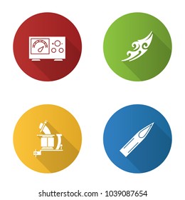 Tattoo studio flat design long shadow glyph icons set. Piercing service. Power supply, tattoo machine, sketch, ink needle tip. Vector silhouette illustration