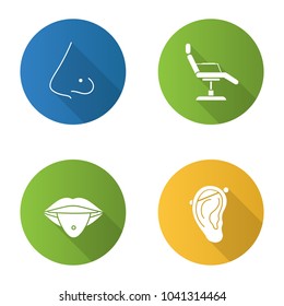 Tattoo studio flat design long shadow glyph icons set. Piercing service. Pierced nose and tongue, tattoo chair, industrial piercing. Vector silhouette illustration