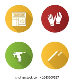 Tattoo studio flat design long shadow glyph icons set. Piercing service. Tattoo parlour exterior, medical gloves, piercing gun, highlighter. Vector silhouette illustration