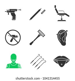 Tattoo studio glyph icons set. Highlighter, tattoo chair, piercing gun prohibition, razor, pierced ear and tongue, tattooist, ink needles pack. Silhouette symbols. Vector isolated illustration
