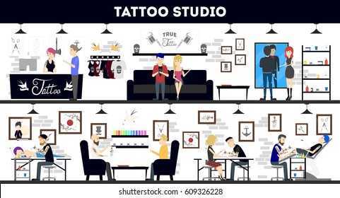tattoo studio interior design, tattoo masters and customers. vector illustration.