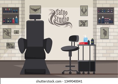 Tattoo studio interior flat vector illustration. Stylish modern empty beauty salon. Tattoos cool black sketches hanging on brick wall. Tattoo machine and inks. Tools and equipment cartoon drawing