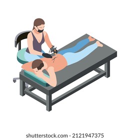 Tattoo studio isometric icons composition with view of tattoo artist making tattoo on clients back vector illustration