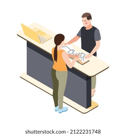 Tattoo studio isometric icons composition with isolated image of reception with client choosing tattoo in album vector illustration