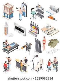 Tattoo studio isometric icons set with building workstation equipment ink mirror client artist reception process vector illustration 