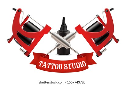 Tattoo studio label, emblem, logo vector template. Realistic two red crossed tattoo machines, ink bottle and red ribbon on white background.