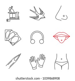 Tattoo studio linear icons set. Tattoo machine, swallow, pierced nose and tongue, plaster, ring, needle, medical gloves, piercing. Thin line contour symbols. Isolated vector outline illustrations