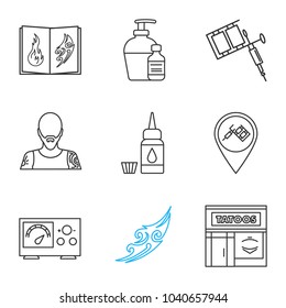 Tattoo studio linear icons set. Thin line contour symbols. Tattoos catalog, aftercare, machine, tattooer, ink, studio location, power supply, sketch, parlour. Isolated vector outline illustrations