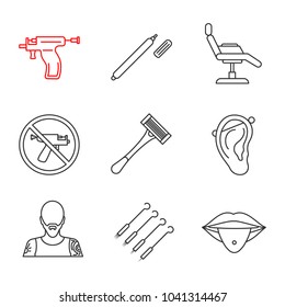 Tattoo studio linear icons set. Highlighter, tattoo chair, piercing gun prohibition, razor, pierced ear and tongue, tattooist, needles. Thin line contour symbols. Isolated vector outline illustrations