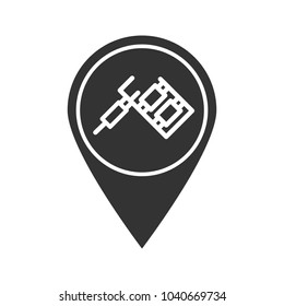Tattoo studio location glyph icon. Silhouette symbol. Map pinpoint with tattoo machine. Negative space. Vector isolated illustration
