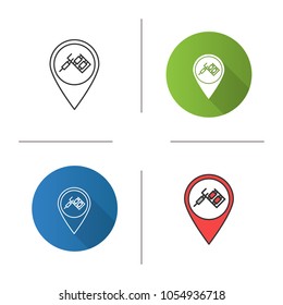 Tattoo studio location icon. Map pinpoint with tattoo machine. Flat design, linear and color styles. Isolated vector illustrations