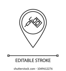 Tattoo studio location linear icon. Thin line illustration. Map pinpoint with tattoo machine. Contour symbol. Vector isolated outline drawing. Editable stroke