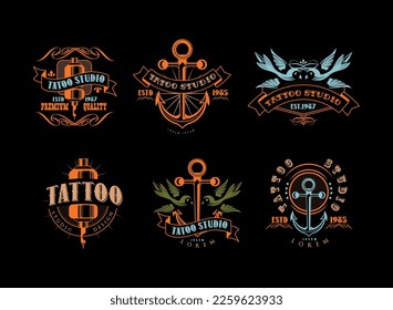 Tattoo Studio Logo with Anchor and Swallow Vector Set