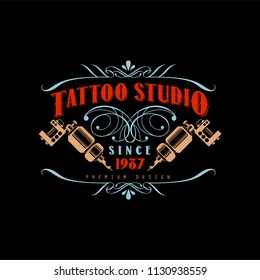 Tattoo studio logo design premium estd 1987, retro styled emblem with tattoo machines vector Illustration