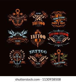 Tattoo studio logo design set, retro styled emblems with professional equipment and tattoo elements vector Illustrations