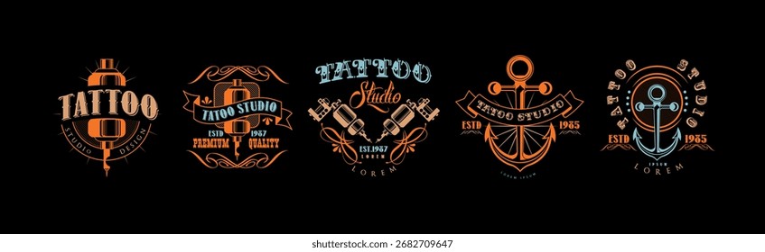 Tattoo Studio Logo y Label Design Vector de Plantilla