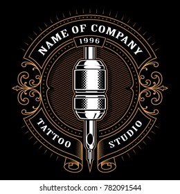 Tattoo studio logo template. Vintage style frame with tattoo machine. Text is on the separate layer. (Version for dark background)