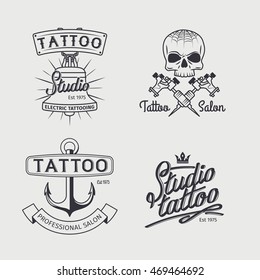 Tattoo studio logo templates. Vector retro tattooing art shop emblems with skull and anchor