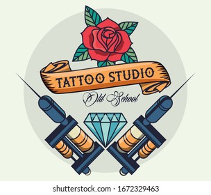 tattoo studio machines with rose image artistic vector illustration design