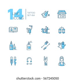 Tattoo Studio - modern vector line design icons set with accent color. Bird, storefront, sample book, tattoo machine, coils, ink, spray, needles, piercing, hand artist. Material design concept symbols