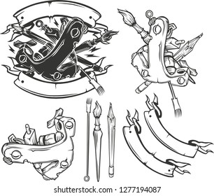 Tattoo studio monochrome emblems with set of pencil, brush, needle and 
ribbons vector illustration
