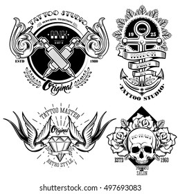 Tattoo studio monochrome emblems set with professional equipment flowers and leaves anchor skull swallows isolated vector illustration 