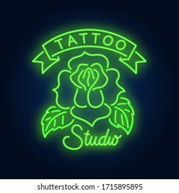 Tattoo studio neon sign with rose. Night bright advertisement, colorful signboard, light banner. Vector illustration in neon style.