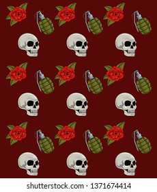 Tattoo studio old school background drawings. skulls with grenades.