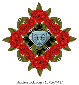 Tattoo studio old school. Diamond and roses.