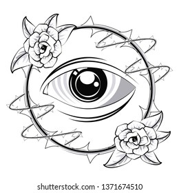 Tattoo studio old school. eye with thorns.