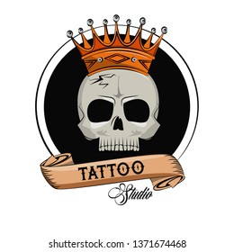 Tattoo studio old school. skull with crown.