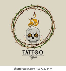 Tattoo studio old school. Skull and thorns