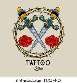 Tattoo studio old school. swords and roses.