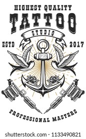 Tattoo studio poster template. Crossed tattoo machines, anchor with swallows. For poster, print, card, banner. Vector image