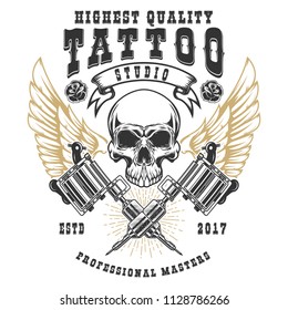 Tattoo studio poster template. Winged skull with crossed tattoo machines. Design element for logo, label, emblem, sign, poster. Vector illustration