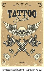 Tattoo studio poster template. Winged skull with crossed tattoo machines. Design element for logo, label, emblem, sign, poster. Vector illustration