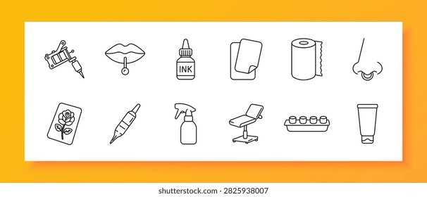 Tattoo Studio set icon. Machine, piercing jewelry, pigment bottle, transfer paper, tissue roll, nose ring, floral artwork, cartridge needle, disinfectant spray, adjustable chair, ink caps, ointment tube