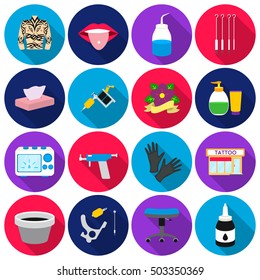 Tattoo studio set icons in flat style. Big collection tattoo studio vector symbol stock illustration