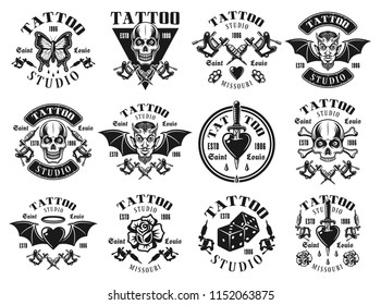 Tattoo studio set of twelve vector emblems, t shirt prints, labels, badges or logos in vintage monochrome style isolated on white background