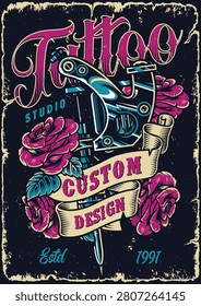 A tattoo studio theme featuring a tattoo machine and roses. The words custom design are prominently displayed along with the establishment year of 1997.