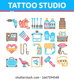 Tattoo Studio Tool Collection Icons Set Vector. Tattoo Studio Machine And Razor Equipment, Chair And Case, Cream And Ink Bottles Concept Linear Pictograms. Color Contour Illustrations