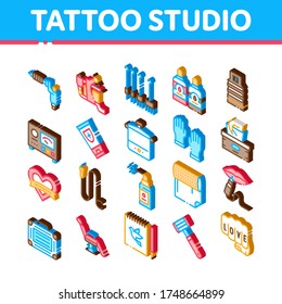Tattoo Studio Tool Collection Icons Set Vector. Tattoo Studio Machine And Razor Equipment, Chair And Case, Cream And Ink Bottles Isometric Illustrations