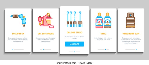 Tattoo Studio Tool Onboarding Mobile App Page Screen Vektorillustration. Apparatur und Einrichtung des Tattoo Studio, Stuhl und Gehäuse, Creme und Tinte Flaschen Konzept Lineare Piktogramme. Illustrationen zur Farbwiedergabe