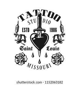 Tattoo studio vector emblem with heart pierced knife in vintage monochrome style isolated on white background