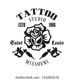 Tattoo studio vector emblem with rose in vintage monochrome style isolated on white background