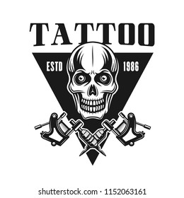 Tattoo studio vector emblem with skull in vintage monochrome style isolated on white background