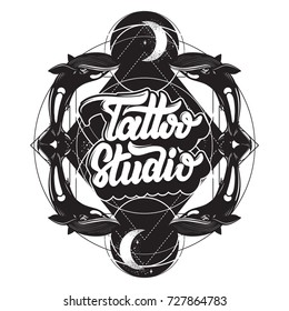 Tattoo Studio. Vector handwritten lettering. Hand drawn illustration of whales. Template for card, poster, banner, label, print for t-shirt, logo design.